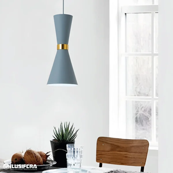 LÁMPARA DE COLGAR CONO PEQUEÑO GRIS CON DETALLE DORADO DT-110