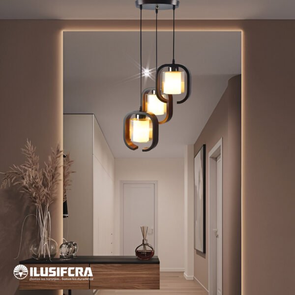 LÁMPARA DE COLGAR RÚSTICA MADERA + 3 COPAS DE VIDRIO 6310-3