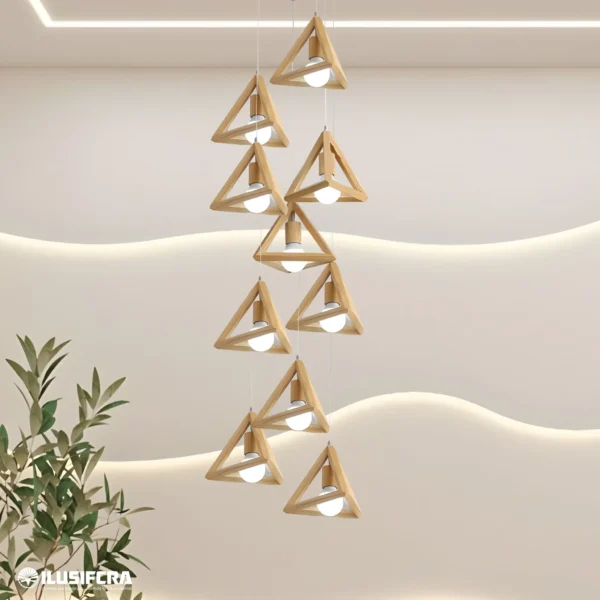 LÁMPARA DE COLGAR DOBLE ALTURA FIGURAS DE TRIANGULO EN MADERA 3202-10